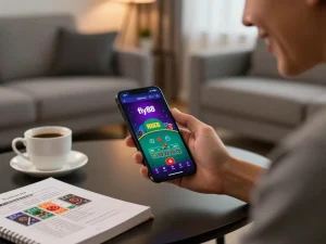 Player using the fly88 app for engaging mobile blackjack action in a cozy living room setting.