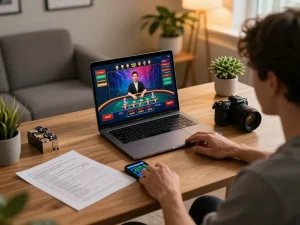 Pemain menikmati sesi perjudian online m88 dengan aksi dealer langsung di laptop