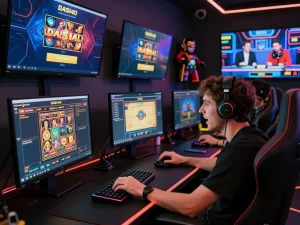 Momen menarik seorang pemain yang fokus pada login DASI4D untuk permainan slot dalam pengaturan permainan modern.