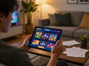 Engaging with Sunwin gaming interface on a tablet in a cozy home setting, emphasizing responsible gameplay.