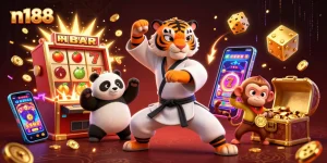 N188 players engage in thrilling slot action, capturing excitement with vibrant reels and golden symbols.