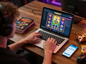 Keberadaan permainan online yang menarik dengan seorang pemain menggunakan OKESLOT di laptop, menampilkan antarmuka permainan yang berwarna-warni.