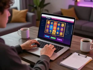 Pengalaman permainan slot Pandawin di laptop, menampilkan gulungan berwarna-warni dan antarmuka yang menarik untuk penjudi online.
