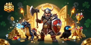 Engage in a thrilling gaming experience by tải 88i, featuring an immersive 3D illustration of a Viking warrior and treasure elements.