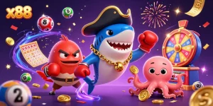 x88 engages players with a lively gambling scene featuring colorful lottery elements and adorable characters.