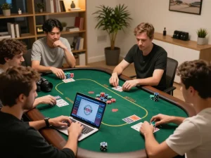 LGO99 players strategizing during a thrilling online poker game with chips and cards visible in a cozy setting