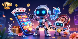 Experience thrilling gameplay at v788 biz with vibrant colors, advanced mobile casino elements, and engaging characters.