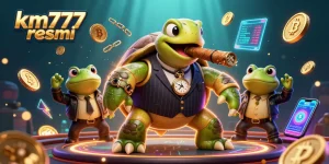 Experience casino excitement with km777 resmi, featuring a turtle in a mobster suit and glowing crypto elements.