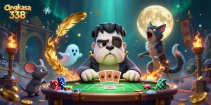 Play thrilling games at angkasa 338 with a vibrant, spooky 3D casino scene filled with unique characters.