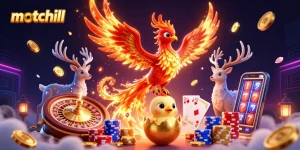 Play engaging casino games with motchill's stunning graphics showcasing dynamic characters and shimmering coins.