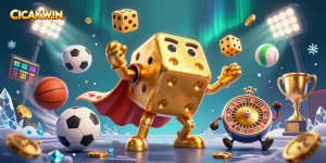 CICAKWIN showcases an epic gaming scene with dynamic characters, golden dice, and vibrant sports elements, perfect for online casino enthusiasts.