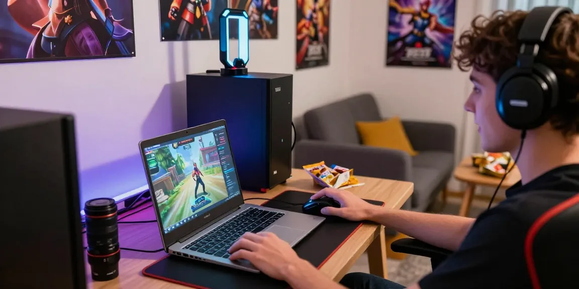 Pemain game GGSOFT yang asyik bermain di laptop dikelilingi aksesori gaming dan suasana ceria.