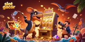 Permainan slot gacor yang meriah dengan dinosaur dan emas bertebaran.