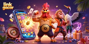 Play exciting games with link gacor featuring a cartoon rooster, monkey, and crane surrounded by colorful casino elements.