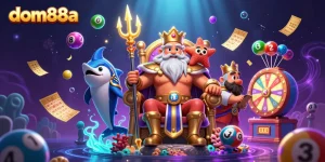Play exciting games at dom88a featuring a vibrant underwater casino scene with Neptune and dynamic lottery elements.