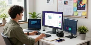 Digital marketing professional analyzing link slot metrics in a bright workspace