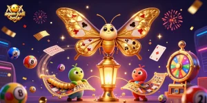 Engage in thrilling action with agen-judi-bola as golden moths and colorful lottery elements create a celebration.