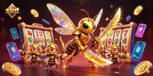 Spinning slot reels highlight a vibrant gaming scene featuring a 3D cartoon hornet wielding honey katanas.