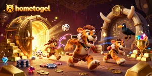Experience hometogel's vibrant 3D casino scene with dynamic characters and rich gold treasures.