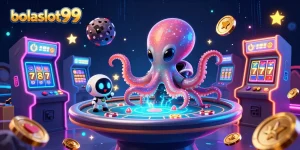Experience the vibrant gaming scene at bolaslot99 with an alien octopus and exciting casino elements.