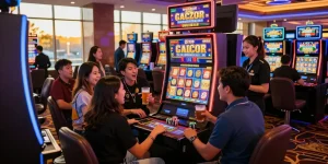 Excited group playing slot gacor machine in vibrant casino setting.