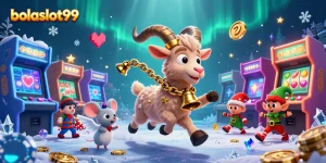 Engage in bolaslot99's vibrant animated casino scene with festive characters and gambling elements.