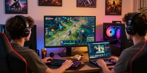 Exciting cika4d online gaming setup with vibrant graphics, gaming peripherals, and cozy atmosphere.