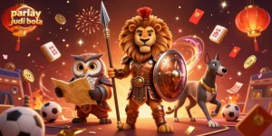 Experience the thrill of parlay judi bola with a dynamic scene featuring a Spartan lion and tactical owl.